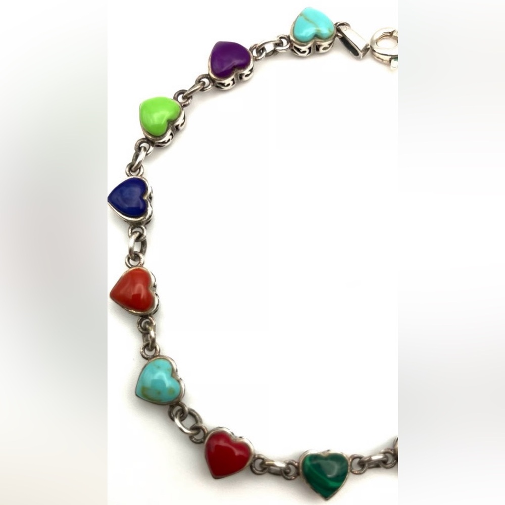 Rare Vintage NF Thailand Turquoise Heart Solid Sterling Multi Stone Bracelet